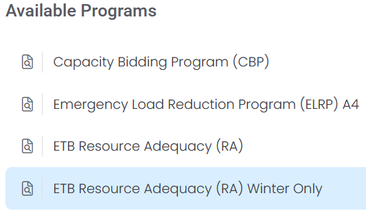 Image of Available Grid Services Programs in ETB Developer.